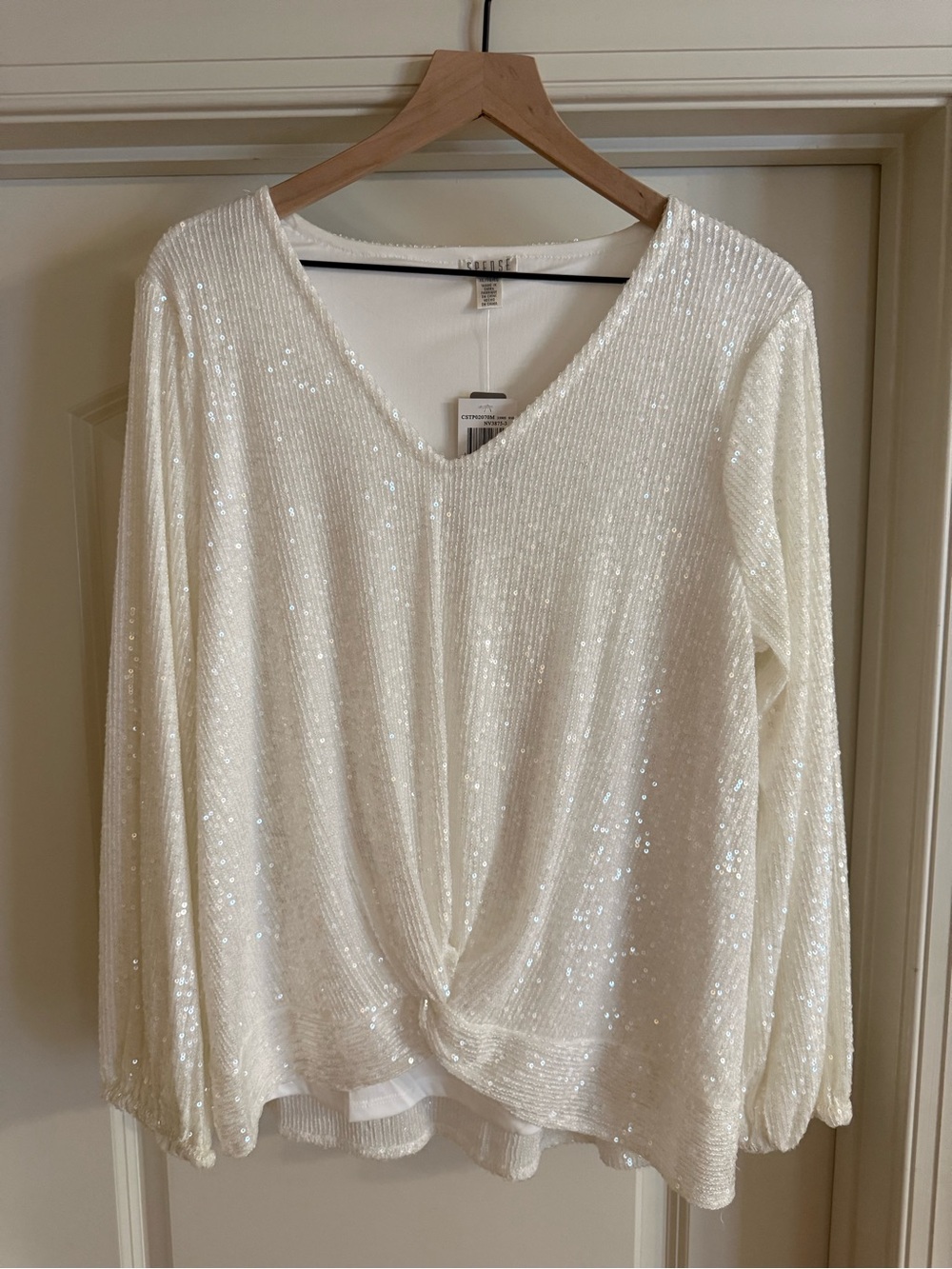Spense Cream Sequin V-Neck Twist-Hem Long Sleeve Top